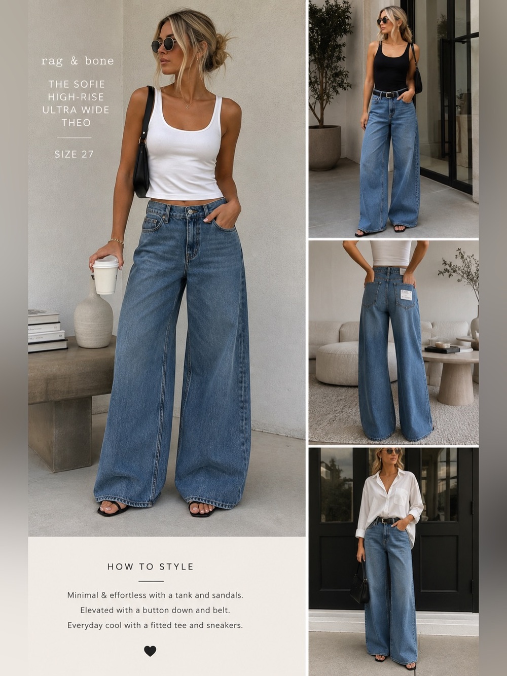 Rag & Bone The Sofie High Rise Ultra Wide Leg Jeans Theo NWT Size 27 $288